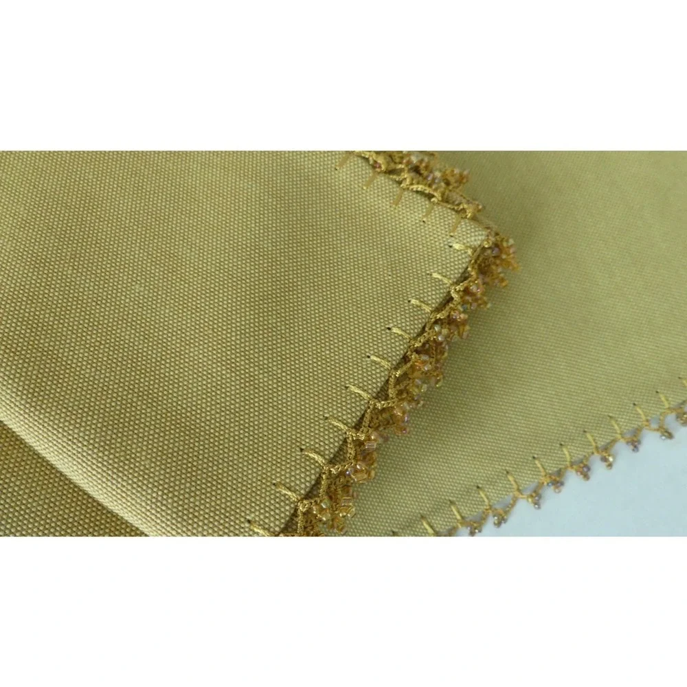Gold Placemat and Napkin Set 12pc Beaded Crochet Trim Table Linens Service for 6